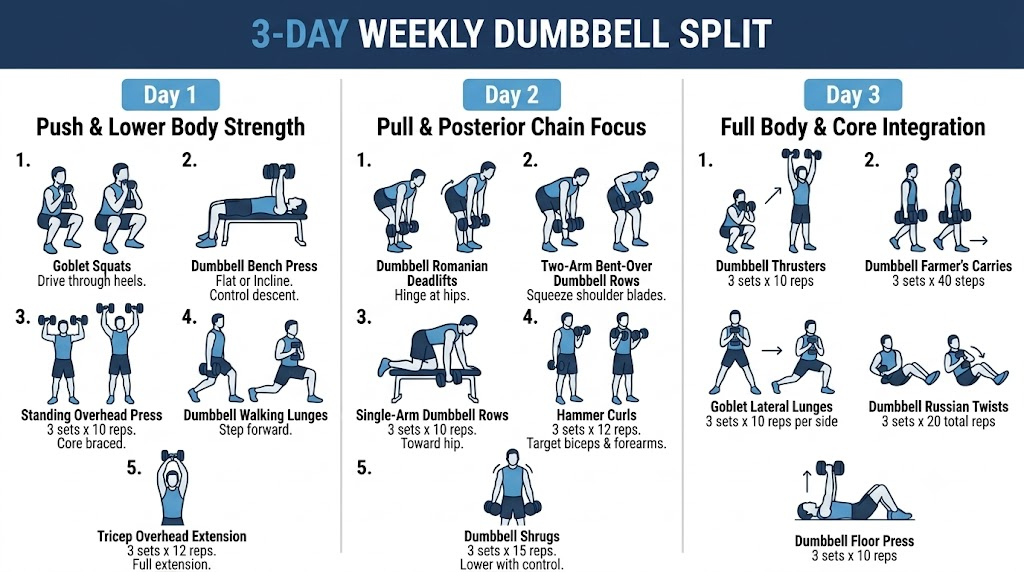 3 day dumbbell workout schedule weekly split beginners